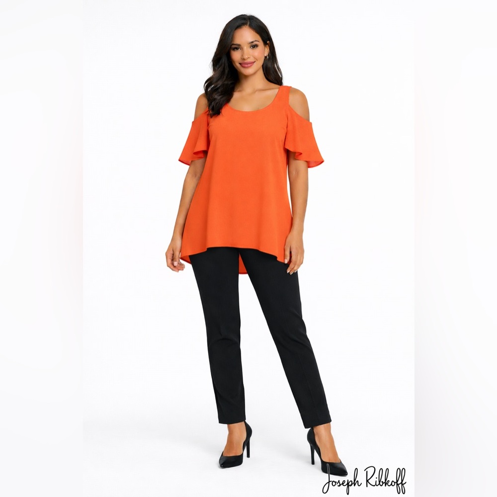 Joseph Ribkoff Orange Cold Shoulder Tunic Top Size 8 Ruffle Sleeve Dressy blouse